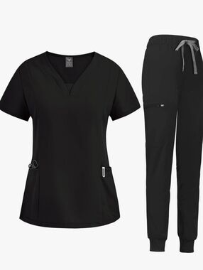 NiaaHinn Scrub Suit Set Black Vneck Top Tapered Leg Jogger Pants Size Medium